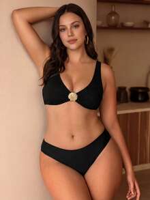Swim Chiccia Plus Size Women Summer Beach Solid Color Metal Shell Decor Bikini Top - Black - View 5
