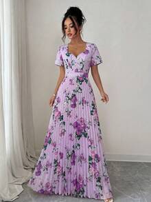 SHEIN Elenzya Đầm chữ A thanh lịch, lãng mạn với họa tiết hoa, xếp ly ở eo và cổ hình trái tim, thích hợp cho tiệc trà và dạo phố. - Nhiều màu - Xem 5