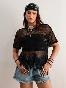 Freevana Áo thun ngắn tay đính sequin, viền tua rua khoét rỗng, đa năng, dành cho nữ, cỡ lớn. - màu đen - Xem 4