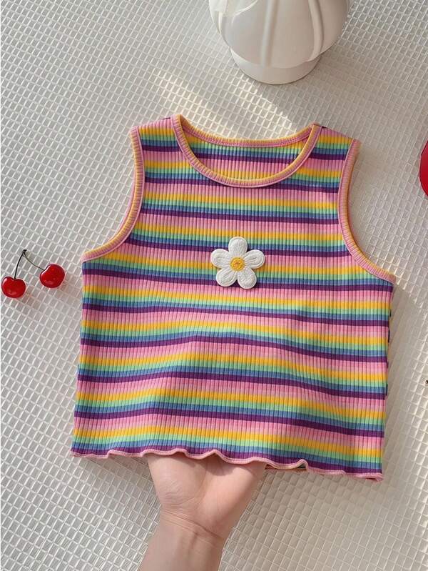 Áo tank top không tay dệt kim kẻ sọc nhiều màu sắc, thời trang, dễ thương, thường ngày dành cho bé gái tuổi teen.