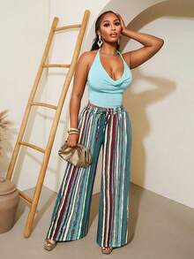 SHEIN VaVaLuxe Vibrant Multi-Stripe Drawstring Waist Wide-Leg Pants - Perfect For Vacation & Summer Outings - Aqua Blue - View 4