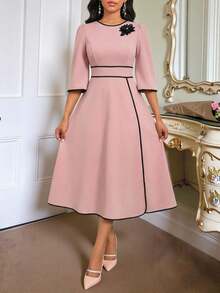 SHEIN Lady Women's Contrast Trim Round Neck Short Sleeve Mid-Length Dress Dress For Church For Women Modest Dress French Style Dress Elegant Dress - Baby Pink - View 5