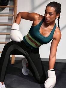 Powerista Sujetador deportivo casual de mujer con estampado de letras y contraste de colores - Verde Oliva - Ver 4