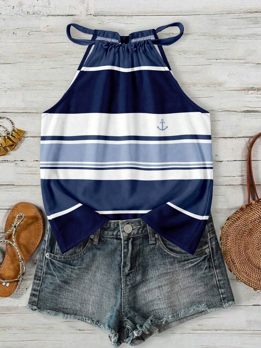 SHEIN LUNE Áo tank top cổ yếm màu xanh navy tối giản, phong cách thường ngày dành cho nữ, thích hợp cho mùa xuân/hè. - Nhiều màu - Xem 1