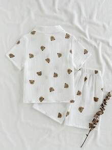 SHEIN Bộ 2 món áo sơ mi và quần short dệt kim kẻ sọc cho bé trai - trắng - Xem 2