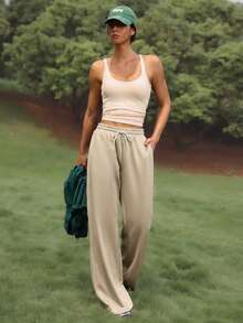WanderVale Pantalones anchos casuales de cintura con cordón para mujer - Gris - Ver 5