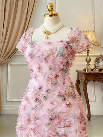 Rometta Plus Size Women's Elegant Pink 3D Mesh Ruffle Hem Dress, Women's Spring/Summer Dress With Bow, Square Neck A-Line Short Dress With Ruffle Trim, Square Neck Soft Fabric Camisole Dress, Graceful Holiday Dress For Graduation, Valentine's Day, Music Festival, Mother's Day, Halloween, Thanksgiving, Easter, National Day, Prom, Date Party, Wedding Season, Outdoor Picnic Organza Dress For Woman Reception Dress For Women Tea Party Dress For Women Floral Formal Dresses For Women New Arrival Dresses