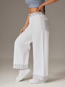 SHEIN PETITE 女士条纹口袋阔腿宽松休闲牛仔裤 - 彩色 - 查看 4