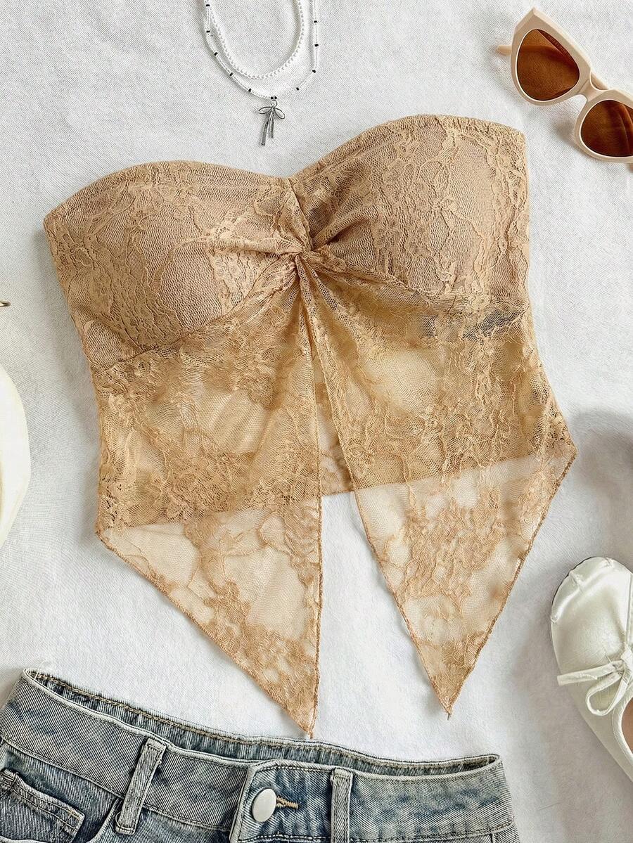 Soleia Top de moda de tejido de encaje texturizado tipo bandeau con nudo delantero y bajo dividido, adecuada para el té de la tarde, la temporada de graduación, todas las estaciones, fiestas, el Día de San Valentín - Caqui - Ver 1