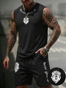 Manfinity EMRG Bộ đồ nam phong cách retro đường phố in chữ "Never Give Up" (Không bao giờ bỏ cuộc) gồm áo tank top và quần short. - màu đen - Xem 2