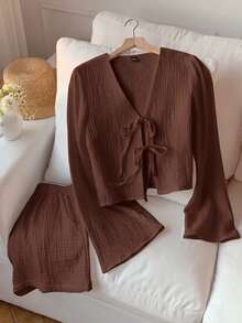 SHEIN EZwear 女士棕色休闲系带长袖上衣和短裤家居服套装 - 棕色 - 查看 4