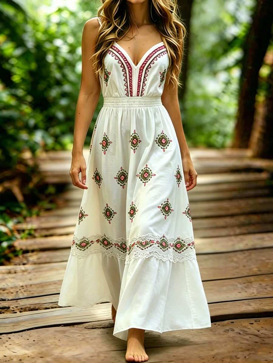 春夏波西米亚印花V领系腰A字连衣裙，女士休闲度假风 - 彩色 - 查看 1