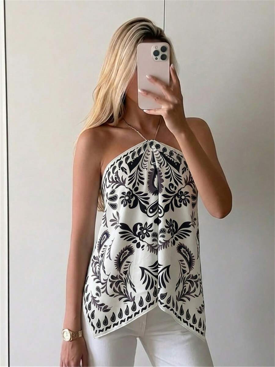 Aloruh 女款優雅白色花卉緞面掛脖海灘圍巾上衣,波西米亞風夏季度假假日,紮染印花老錢風 - 黑與白 - 查看 1