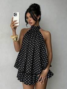 Tween Girl Polka Dot Print Fashion Halter Dress - Black - View 5