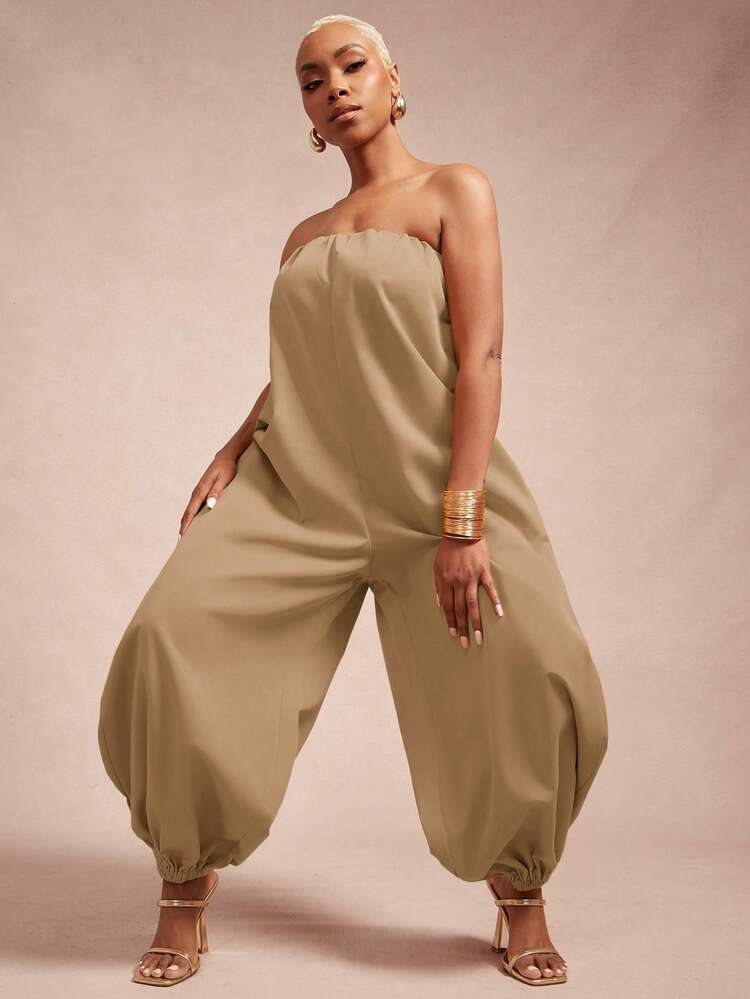 Vixey Solid Woven Strapless Balloon Hem Jumpsuit | SHEIN USA