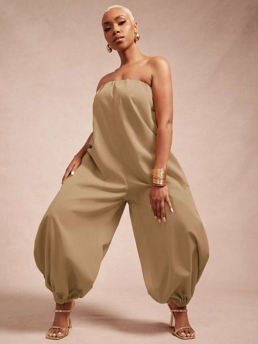 Vixey Solid Woven Strapless Balloon Hem Jumpsuit - Camel - View 1