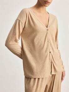 Ocili Minimalist Comfortable Collarless Soft Pajama Set For Women - Yellow - View 4