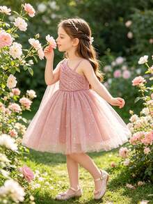 Glamorique Kids Young Girl 灰粉色單肩披肩星月亮亮片網紗仿珍珠薄紗澎澎公主正式禮服，櫻桃粉，夏季，花童，派對 - 藕粉色 - 查看 8