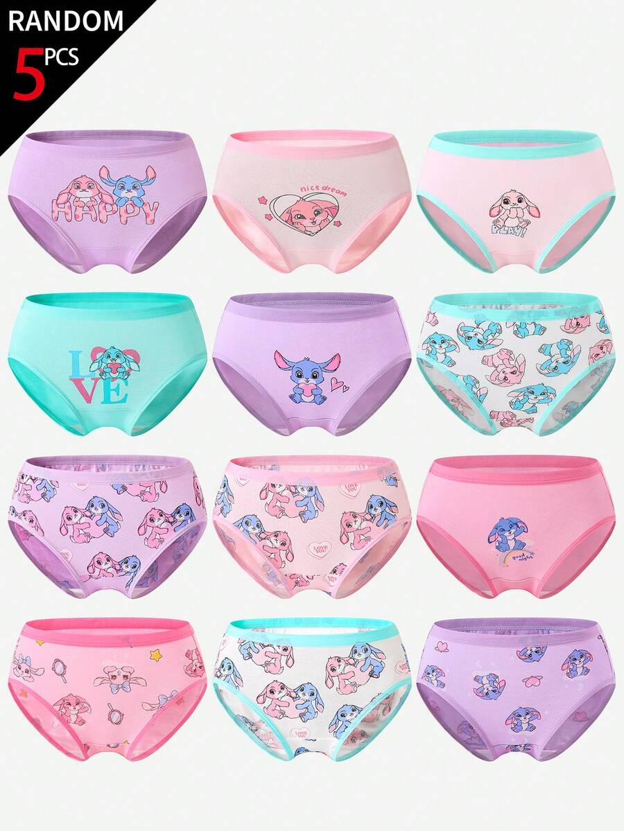 SHEIN 5-Piece Toddler Girls Underwear,Soft Knit Skin-Friendly Panties With Cartoon Graphic Print,Pink Purple Light Blue Snug Fit Daily Comfortable Briefs - Multicolor - View 1