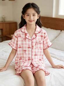 Genkimix Kids 2件組青少年女孩粉色與白色格紋短袖睡衣，可愛蝴蝶結印花翻領短褲套裝，夏季柔軟針織居家休閒睡衣 - 粉色 - 查看 11
