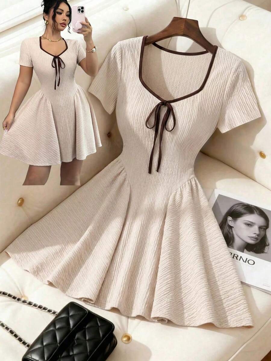 Auvina Đầm công sở dáng xòe, thắt eo bằng vải dệt kim màu mơ dành cho nữ cỡ lớn, thanh lịch và tôn dáng cho mùa xuân/hè. - Màu be - Xem 1