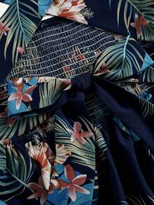 SHEIN 少女热带植物印花连衣裙，后背交叉蝴蝶结装饰，收腰设计，适合日常通勤、夏季海滩、度假、休闲穿着。 - 彩色 - 查看 5