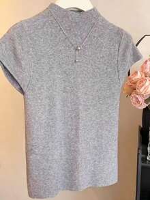 Resyla Women's Solid Color Stand Collar Short Sleeve Casual Knit Top - Light Grey - View 4