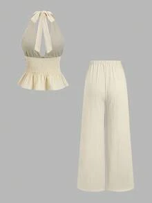 SHEIN Sweetro Bộ đồ nữ phong cách Bohemian màu mơ gồm áo hai dây cổ chữ V, dây mảnh đính sequin hình vỏ sò và quần ống rộng thoải mái, đa năng, thích hợp cho mùa xuân/hè. - Màu be - Xem 2
