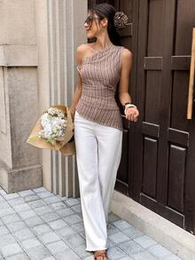 Serisse 女士条纹不对称领修身时尚衬衫 - 棕色 - 查看 3