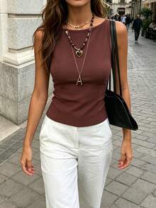 Cévolie Women's Summer Solid Color Minimalist Sexy Backless Halter Camisole - Rust Brown - View 7