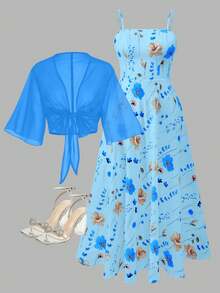 Franclia Bộ váy voan họa tiết hoa nhí dành cho nữ cỡ lớn, kèm áo khoác cardigan thanh lịch, thích hợp cho mùa hè. - Màu xanh lam - Xem 8
