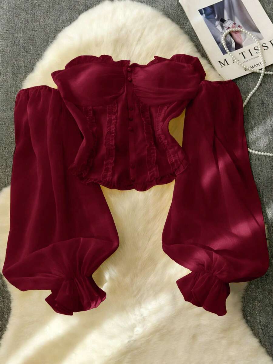 Franclia Top corto con volantes, hombros descubiertos, botones de perlas falsas y mangas acampanadas en estilo retro francés rosa