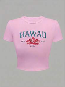 女童休闲短袖露脐上衣，舒适圆领T恤，夏季穿着 - 粉色 - 查看 2