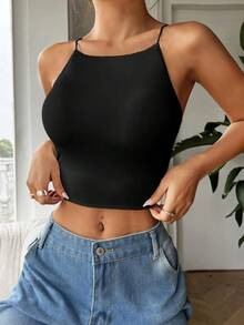 SHEIN EZwear 休闲简约黑色吊带背心，适合夏季穿着 - 黑色 - 查看 4
