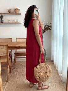Enliva Vestido informal de cambio sin mangas de unicolor con bolsillos para mujeres talla grande - Burdeos - Ver 2
