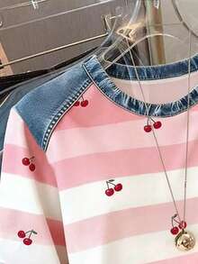 Resyla Áo thun nữ phong cách thường ngày và thời trang, phối họa tiết denim, kẻ sọc và in kỹ thuật số hình quả anh đào, cổ tròn. - Hồng - Xem 4