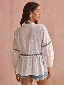 Women Eyelet Embroidery Detailed Front Tie Boho Blouse - White - View 3
