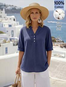 Faunlyn 女士休闲纯色纽扣短袖衬衫 - 藍色 - 查看 7