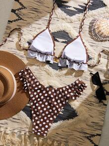 Swim Mod Bộ bikini 2 mảnh dành cho nữ, họa tiết chấm bi ngẫu nhiên, kiểu dáng dễ thương, cổ chữ V xếp nếp, buộc dây cổ, thích hợp cho mùa hè. - Nhiều màu - Xem 3
