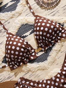 Swim Mod Bộ bikini 2 mảnh dành cho nữ, họa tiết chấm bi ngẫu nhiên, kiểu dáng dễ thương, cổ chữ V xếp nếp, buộc dây cổ, thích hợp cho mùa hè. - Nhiều màu - Xem 4