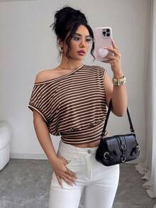 SHEIN Elenzya Asymmetric Waist Hem Oblique Shoulder Elegant Office Lady T-Shirt - Multicolor - View 4