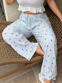 Napfluff CURVE Napfluff CURVE Plus Size Women Casual Comfortable Striped Cherry Print Drawstring Loose Straight Woven Pajama Pants - Baby Blue - View 3