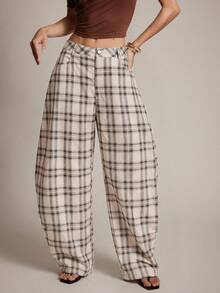 SHEIN Haute New Arrival Retro Plaid Loose Casual Pants For Women - Apricot - View 5