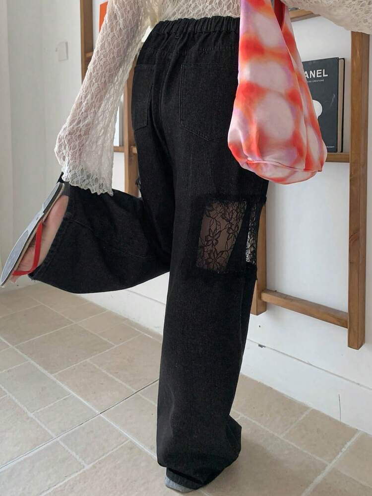 Dazy Plus Plus Size Women Casual Black Jeans With Sheer Lace Patchwork Design, Straight Leg, Suitable For All Seasons