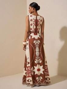 夏季新音乐节 复活节 圣帕特里克节 西方游牧风 生日 毕业 大学生 日常休闲 度假 邮轮 海滩 日光浴 爆款街头风 大码女装 热带雨林组合图案印花 无袖A字长裙 - 棕色 - 查看 3