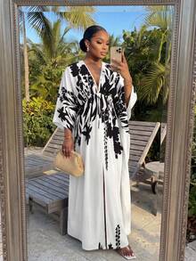 SHEIN Lady CURVE Đầm nữ cỡ lớn in họa tiết cây cỏ, xẻ tà, kiểu dáng thường ngày, thích hợp cho kỳ nghỉ. - Nhiều màu - Xem 6