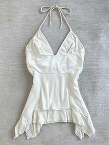 IslaSuriya Sequin Embroidered Ribbon Decor Asymmetric Hem Backless Halter Neck Top For Women - White - View 2