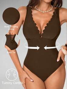 Shapewave Women's Solid Color One-Piece Swimsuit, Suitable For Beach Vacation, Pool Party, Beach Party - Coffee Brown - View 1