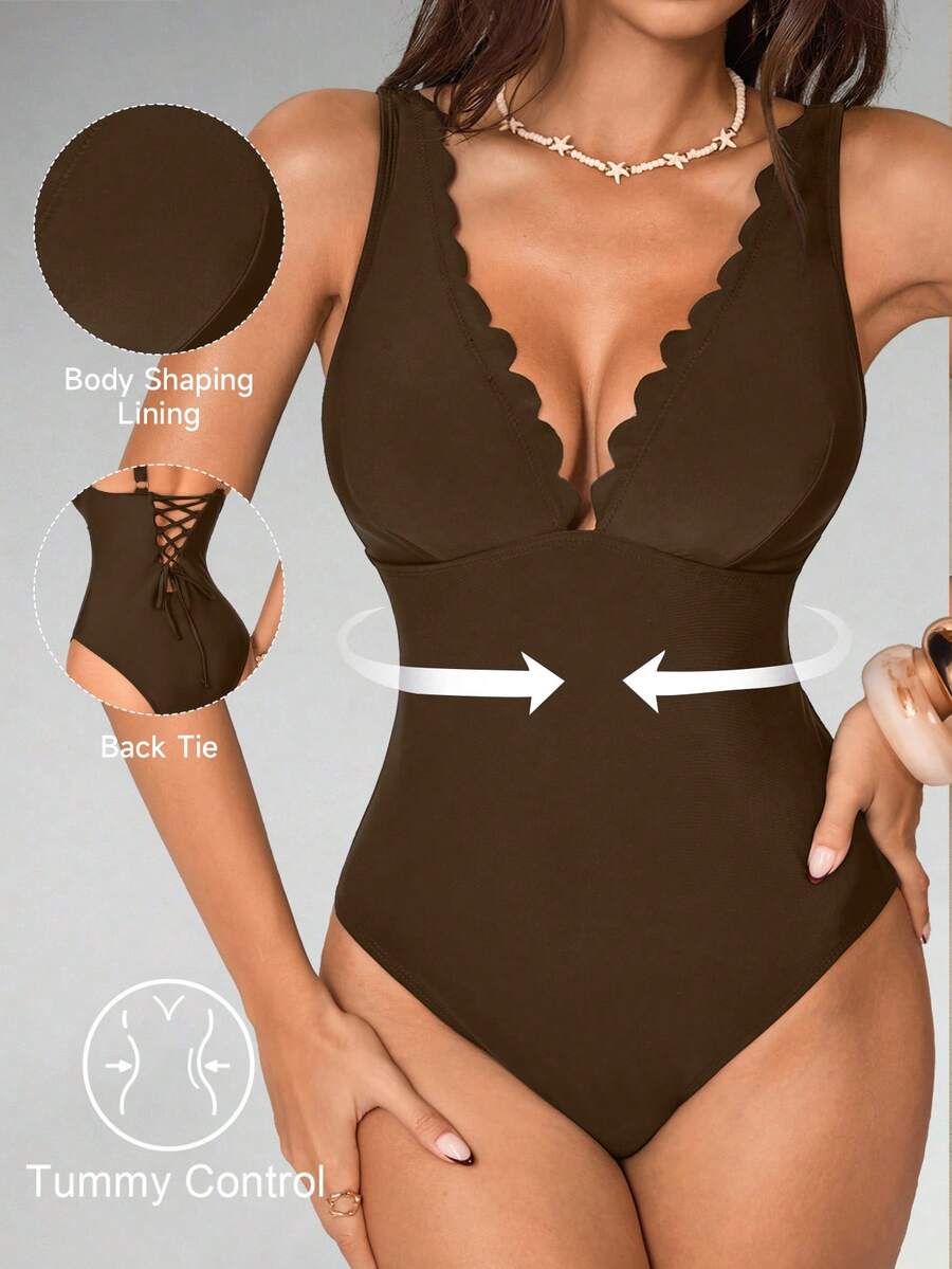 Shapewave Women's Solid Color One-Piece Swimsuit, Suitable For Beach Vacation, Pool Party, Beach Party - Coffee Brown - View 1
