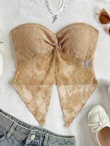 Soleia Top de moda de tejido de encaje texturizado tipo bandeau con nudo delantero y bajo dividido, adecuada para el té de la tarde, la temporada de graduación, todas las estaciones, fiestas, el Día de San Valentín - Caqui - Ver 3